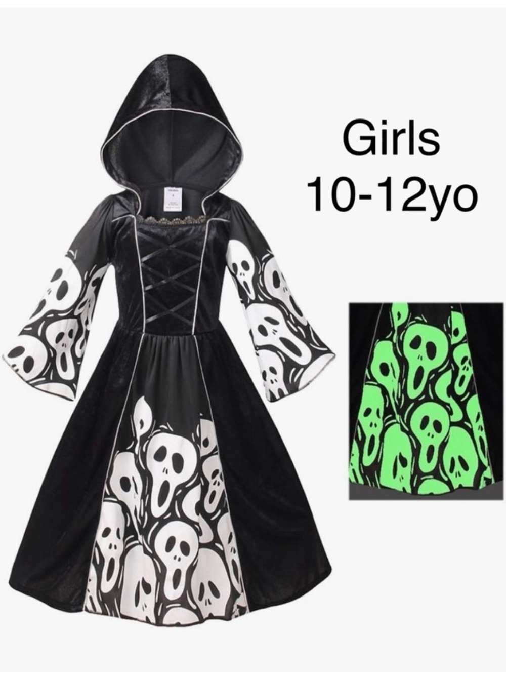 Spirit Black and White Hooded Skull Dress with Glow Detail